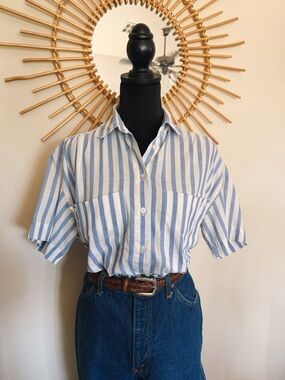 Vintage Classic Blue & White Striped Short-Sleeve Shirt